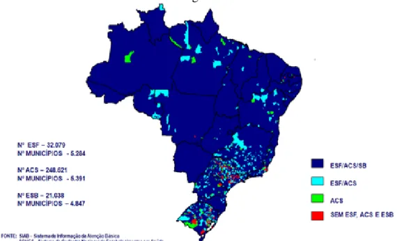 Figura 2  - Situação de  Implantação de  Equipes  de Saúde da  Família, Saúde Bucal  e  Agentes Comunitários de Saúde  –  Brasil/agosto 2011 