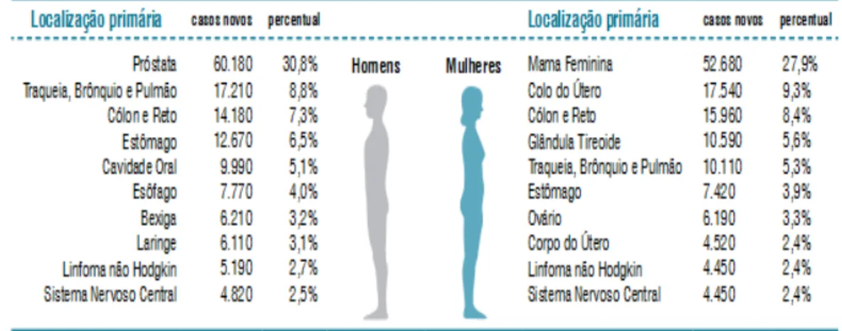 Tabela 1. Distribuição dos tipos de câncer mais incidentes estimados para 2012 