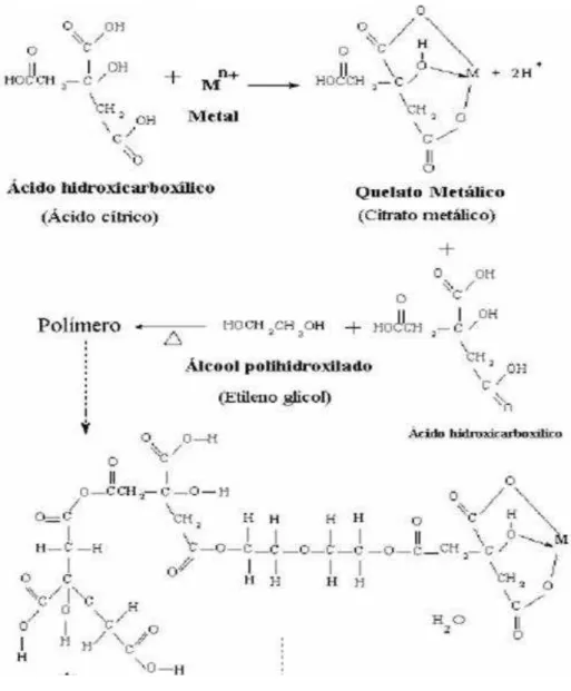 Figura  3.1  –  Reações  envolvidas  no  processo  de  obtenção  de  pós  cerâmicos  via  formação  de  polímeros orgânicos vítreos