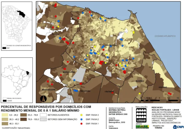 Figure  4.  Housing  estates  of  the  PMCMV  in  relation  to  the  spatial  distribution  of  households with monthly income lower than 1 minimum salary 