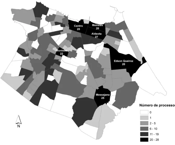 Figura 2. Distribuição espacial de processos nas unidades da justiça estadual no Ceará, em bairros de Fortaleza, segundo a origem do  processo, 1999-2012
