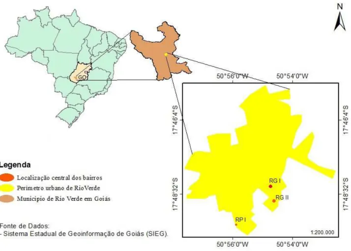 Figura 1. Mapa de localização do município de Rio Verde, em Goiás, e dos pontos de coleta de água nos bairros Residencial Gameleira I (RG I),  Residencial Gameleira II (RG II) e Residencial Paineiras I (RP I)