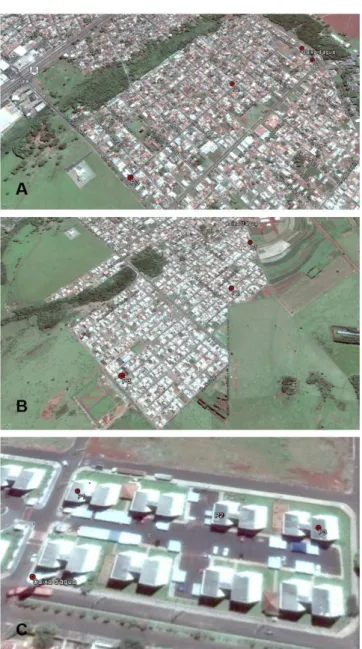 Figura 2. Localização do Residencial Gameleira I (A), Residencial  Gameleira II (B) e Residencial Paineiras I (C) e seus devidos locais  de coleta 