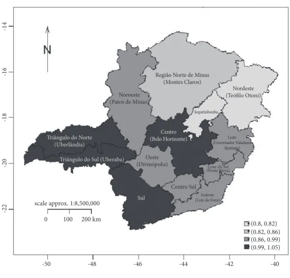 Figura 1. Estimativas do Grau de Registro dos Dados de Mortalidade, Macrorregiões de Saúde Mineiras, 1991–2000 (ambos os sexos)