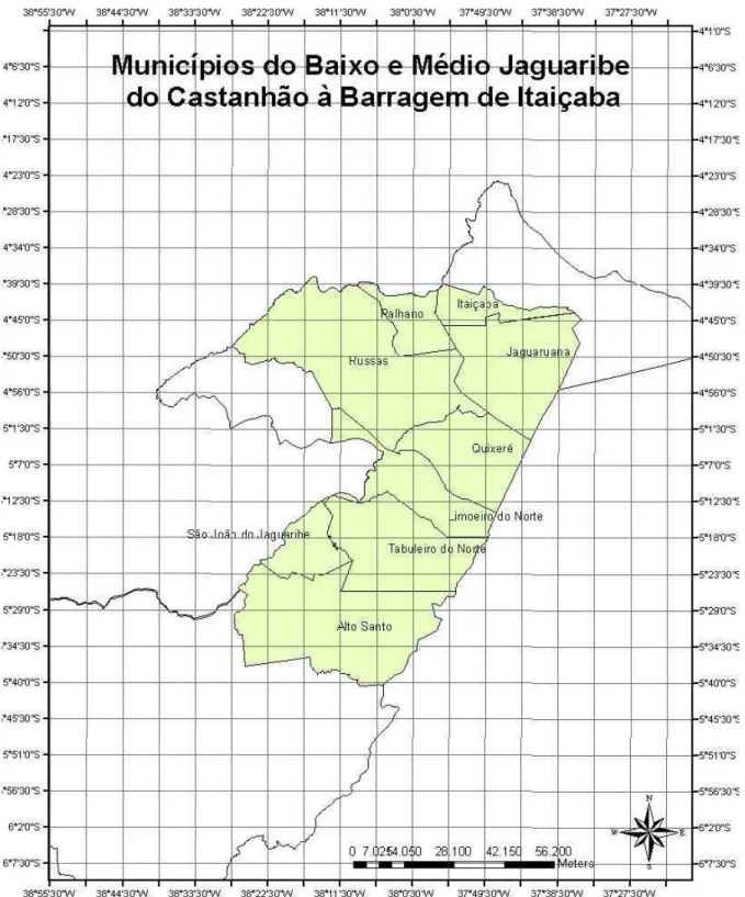 Figura 10 – Municípios e coordenadas geográficas da área de estudo. 