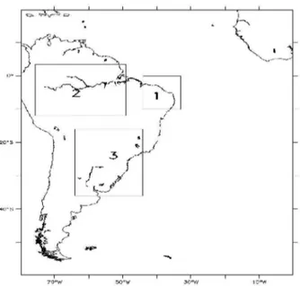 Figura  8  –  América  do  Sul,  destaque  para  as  grades  1,  2  e  3.  Estas  representam,  respectivamente,  o  Nordeste, Amazônia e bacia da Prata