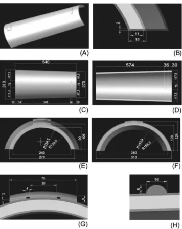 Figura 2: Características dimensionais da telha GePET. Dimensões  em mm. (A) Modelo 3D; (B) Detalhe das dimensões de espessura;  (C) Dimensões, vista superior; (D) Dimensões vista inferior; (E)  Dimensões da lateral de menor raio; (F) Dimensões da lateral 