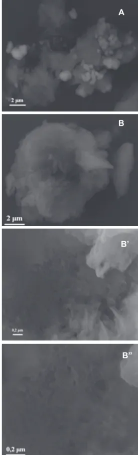 Figura  4:  Imagens  de  microscopia  eletrônica  de  varredura  das  amostras  impregnadas  pelos  métodos:  solvotermal  assistido  por  micro-ondas (A) e Pechini modificado (B).