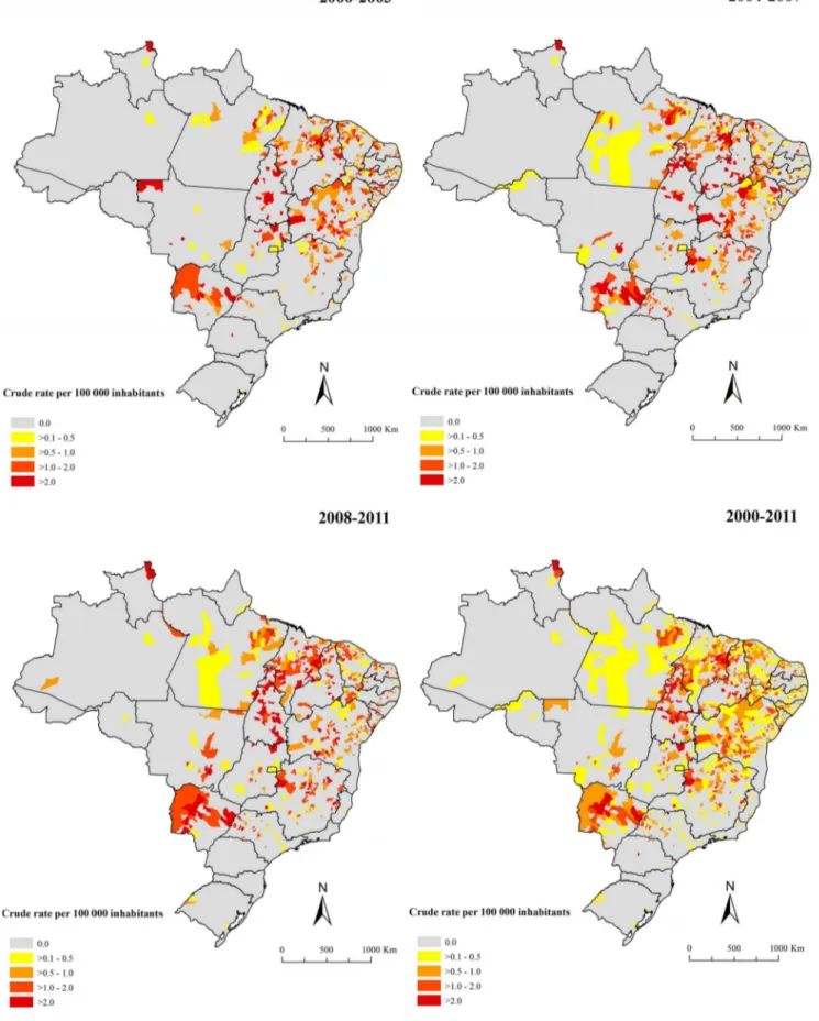 Figure 4. Spatial distribution of average annual mortality rates related to VL (per 100,000 inhabitants) based on multiple causes of death by municipalities of residence, Brazil, 2000–2011.