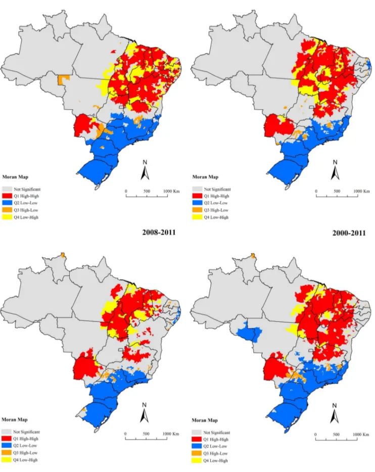 Figure 6. Moran maps of average annual mortality rates related to VL by municipalities of residence, Brazil, 2000–2011.