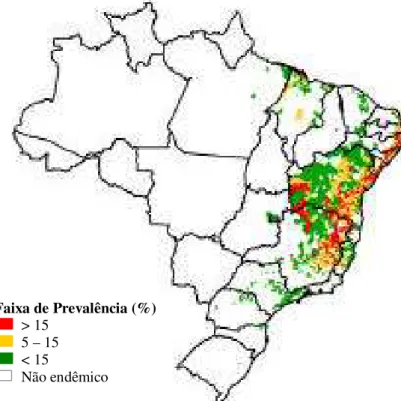 Figura 8 – Distribuição da Esquistossomose - Prevalência na população examinada por unidade   Federada Brasil, 1998 – 2002