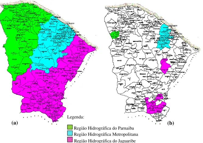 Figura 11 – Mapa do Estado do Ceará mostrando as regiões hidrográficas (a) e as áreas de transmissão  endêmica da esquistossomose (b)   