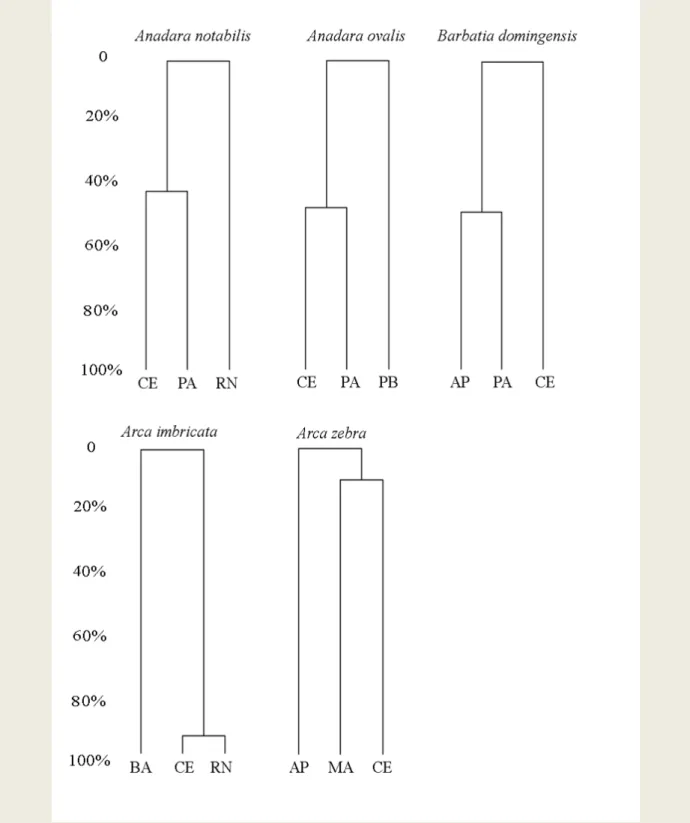 Figura 4 – Gráfico das distâncias euclidianas das oito medidas da concha de arcídeos da costa Norte-Nordeste  brasileira de acordo com as populações, mostrando o percentual de similaridade