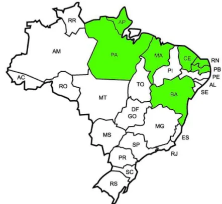 Figura 7 – Mapa do Brasil cujas regiões assinaladas correspondem a área das populações do estudo