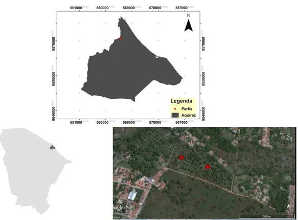 Figura 1 – Representação da localização dos perfis (PVAd e PAex) de coleta das amostras no  município de Aquiraz, Ceará