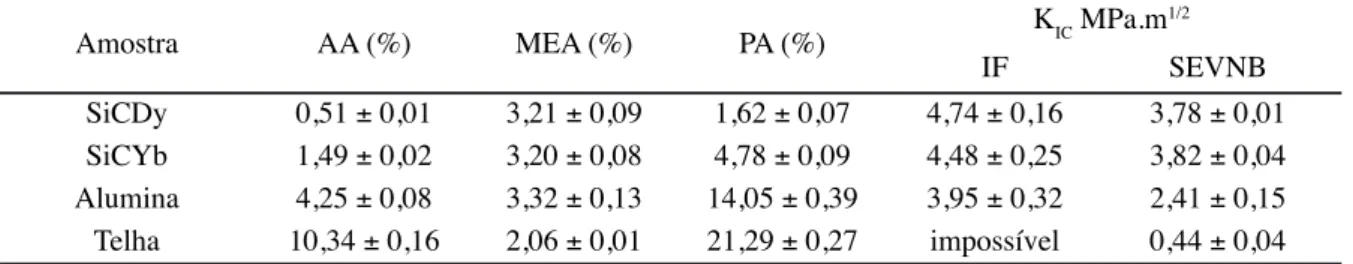 Tabela II - Resultados de AA, MEA, PA e K IC  para as quatro cerâmicas estudadas. 