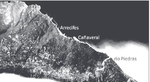 Figura 1 ­ Playas de Anidación en el Sector Oriental, Arrecifes–Cañaveral (PNNT). Fotografías  Aéreas de Santa Marta, (Parque Nacional Tayrona)
