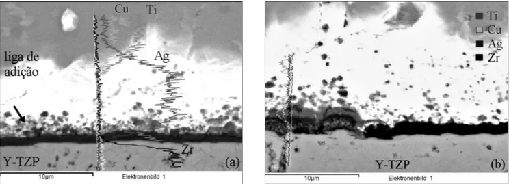 Figura 9: Imagens MEV – (a) técnica linescan através da interface Y-TZP/liga de adição, zona de precipitação  junto à camada escura na  superfície cerâmica (ver seta); (b) técnica linescan numa região de descontinuidade.