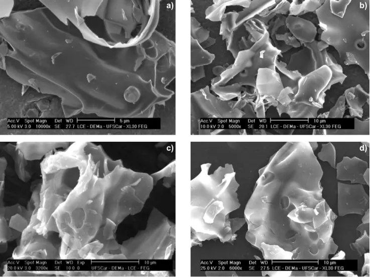 Figura 2: Micrografias obtidas por microscopia eletrônica de varredura para os suportes catalíticos de α-Al 2 O 3  dopados com ferro, zinco, 