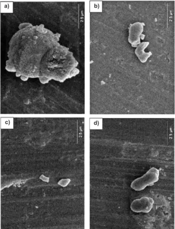 Figura 3: Micrografias de microscopia eletrônica de varredura com  pó disperso: Processo A (“a” e “b) e Processo B (“c” e “d”)
