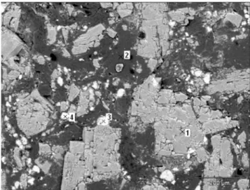 Figura 2: Imagem obtida por microscopia eletrônica de varredura  de  um  tijolo  refratário  in  natura  mostrando  a  distribuição  de  tamanhos das partículas de magnésia: (1) Agregado de magnésia  (grãos eletrofundidos), (2) Matriz ligante de piche, (3 