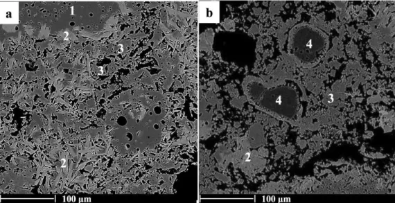 Figura 2: Micrografias obtidas por microscopia eletrônica de varredura de camada de forsterita (Mg + Si), monticelita  (Ca + Mg + Si) e espinélio (Mg + Al) ao redor de um grão de MgO, detectada no concreto contendo o sínter mais  grosseiro (&lt; 100 μm), a