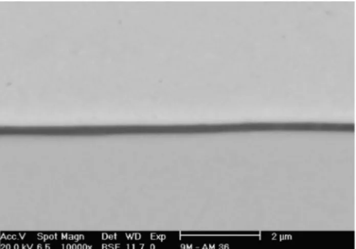 Figura 2: Imagem de MEV da seção transversal do filme  seco a 400 °C durante 1 hora, apresentando espessura de  196 ± 21 nm.