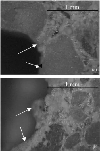 Figura  6:  Fotomicrografias  obtidas  por  microscopia  óptica  mostrando  detalhes  da  região  da  ponta  do  entalhe  das  amostras:  (a)  entalhada  mecanicamente  com  disco  de  corte  e  (b)  entalhada  durante a moldagem.