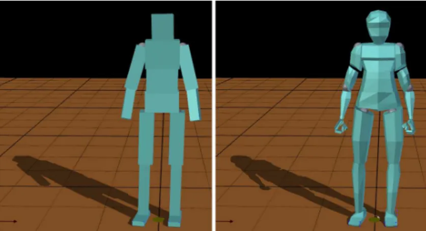 Figura 5.1: Modelo do personagem utilizado nas simulações. À esquerda tem-se o modelo utilizado para simulação física construído com paralelepípedos descrevendo cada uma das estruturas articuladas do personagem