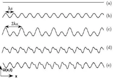 Figura 2: Esquema de alguns poss´ıveis padr˜oes formados em interfaces de movimento gerados por instabilidades.A fun¸c˜ao U (x, t) representa a deforma¸c˜ao de uma interface que sofre quebras de simetria devido a pertuba¸c˜oes, gerando a forma¸c˜ao de padr