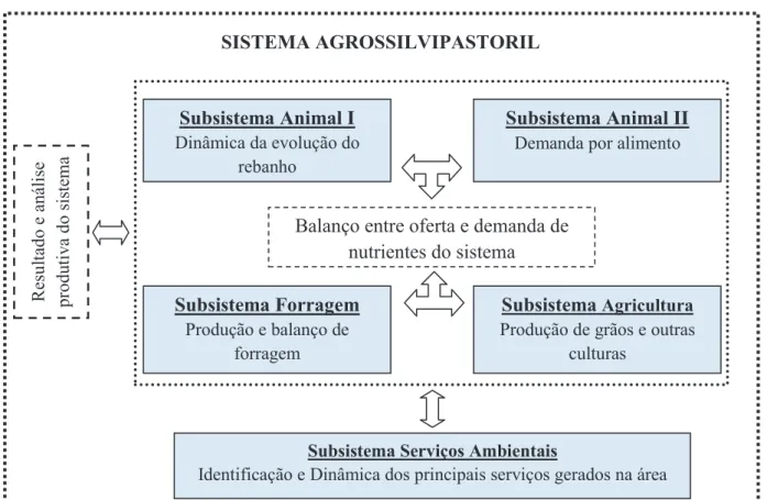 Figura  7  –  Modelo  conceitual  resumido  para  planejamento  e  análise  do  Sistema  Agroflorestal  estudado,  sintetizando os subsistemas e principais relações consideradas 