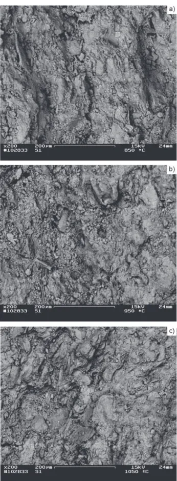 Figura 6: Micrografias obtidas por MEV/BSE da amostra E4: (a)  850 ºC; (b) 950 ºC; e (c) 1050 ºC.