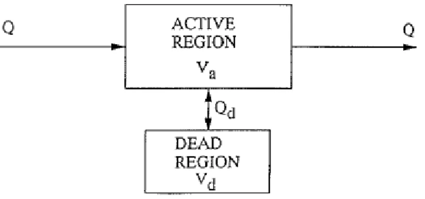 Figure 2.9 – Fluid flow crossing the active and dead regions in a combined model. 