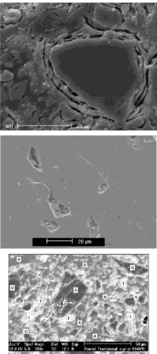 Figura 1: Fotomicrografias obtidas em microscópio eletrônico de  varredura: (a) trincas periféricas ao redor do quartzo, ataque com  ácido fluorídrico a 20% por 10 s  a 20 ºC [5]; (b) sem ataque ácido  [5]; (c) aumento de 700x da superfície da amostra quei