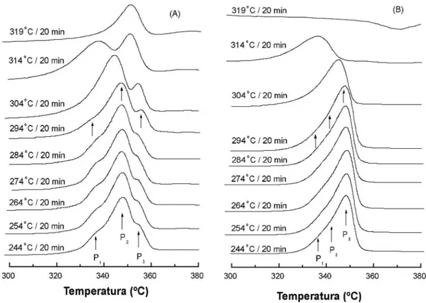 Figura 5: Curvas de DSC para os vidros teluretos 20Li 2 O-80TeO 2  em função de temperaturas de nucleação para os vidros TL1 (A) e TL2 
