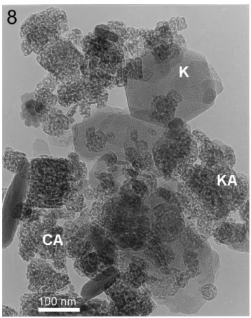 Figura 8: Argila Batalha após a queima a 600 ºC:  pseudomorfos  de  aluminas-chi  (CA)  e  kapa  (KA)  ao  lado  de  microcristais  de  caulinita (K) ainda não decompostos.