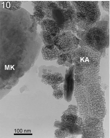 Figura  10:  Argila  Batalha  após  queima  a  800  0 C:  as  diferenças  texturais  entre  os  pseudomorfos  da  alumina  kapa  (KA)  e  da  metacaulinita (MK) são bastante nítidas.