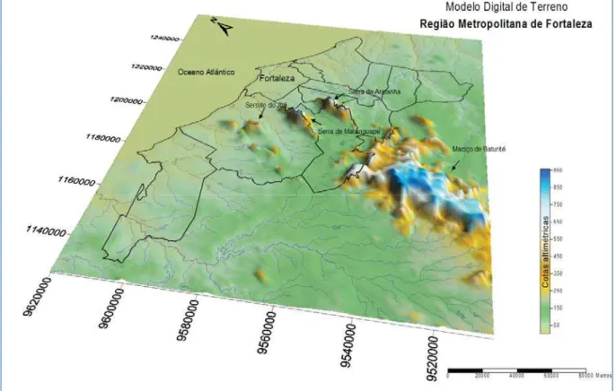Figura 3.5 – Modelo Digital de Terreno da RMF, com destaque para as Serras de Aratanha,  Maranguape e o serrote do Juá