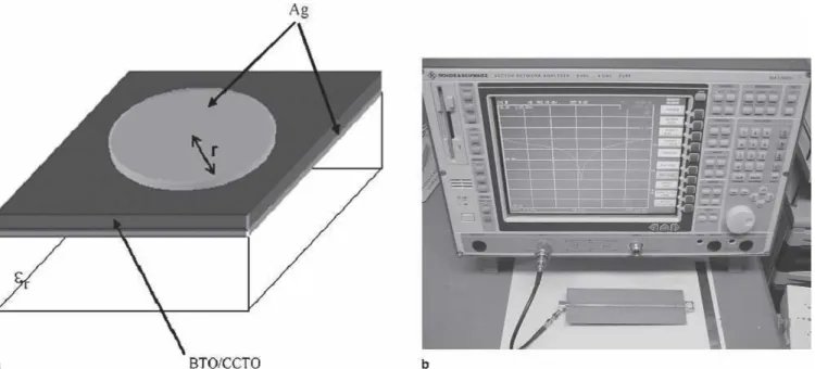 Fig. 5. (a) Experimental setup of the microstrip circular patch antenna. (b) Test device for the return loss of the microstrip circular patch antenna.