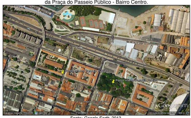 Figura 19 - Imagem de localização dos pontos (interno e externo) de coleta de dados  da Praça do Passeio Público - Bairro Centro.