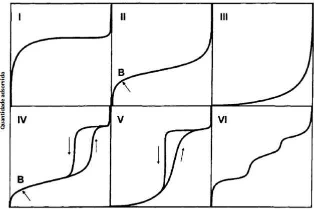 Figura II.2 – Tipos de isotermas de adsor€•o f†sica segundo a classifica€•o da IUPAC (Sing et al.,  1985).