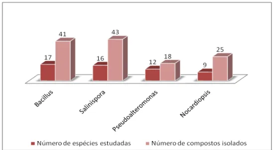 Gráfico 4: Número de espécies e de compostos isolados pertencentes aos gêneros mais estudados 