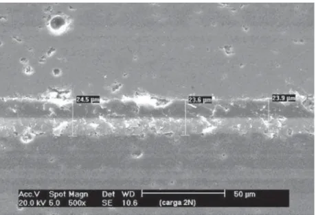 Figura 2: Micrografia do esmalte E1, riscado em esclerômetro, utilizando carga de 2N.