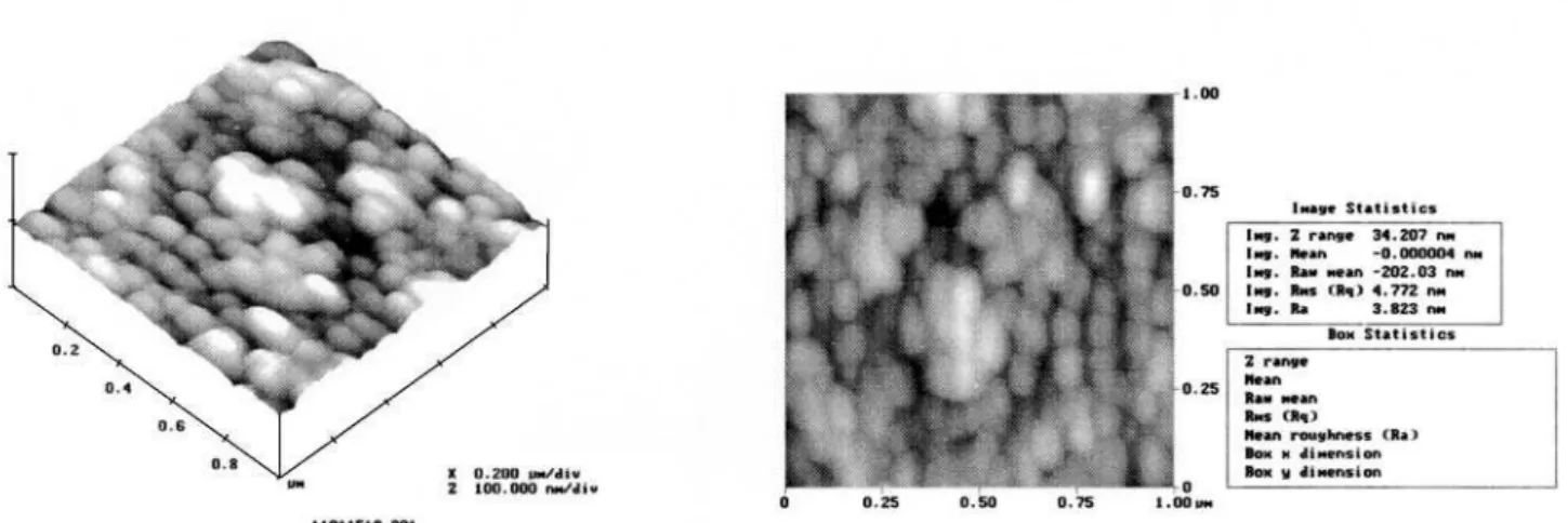 Figura 4: Imagem de microscopia de força atômica do filme fino de SrBi 2 Ta 2 O 9 : (a) imagem de superfície; (b) rugosidade.