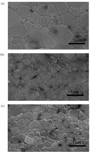 Figura 9: Micrografias obtidas por microscopia eletrônica de varredura com aumento de 100k na temperatura de 1100 ºC com taxa constante de aquecimento de 5,0 ºC/min: (a) Ni 0,7 Zn 0,3 Fe 2 O 4 (Z3), (b) Ni 0,5 Zn 0,5 Fe 2 O 4  (Z5) e (c) Ni 0,3 Zn 0,7 Fe 2