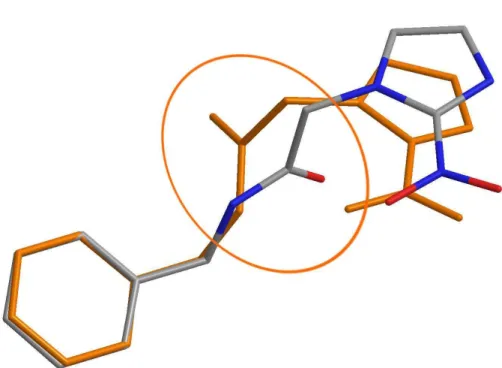 Figura 4.5: Superposição das conformações moleculares teórica (laranja) e experimental (colorida).
