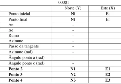 Tabela 6 - Determinação das coordenadas dos pontos da malha de alternativas. 