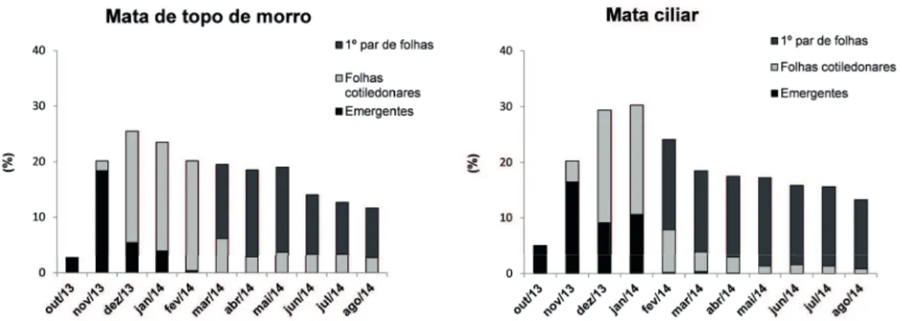 FIGURE 4   Seedling emergence and establishment on two different forest  hill top (A) and riparian (B) from a semi-deciduous forest  in the city of Lavras, MG.