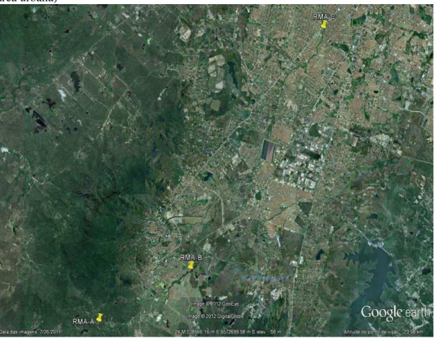 Figura 12 - Localização das estações de amostragem do rio Maranguapinho (Notar que  o ponto RMA-A localiza-se na serra, ponto RMA-B na planície zona rural e RMA-C na  área urbana) 