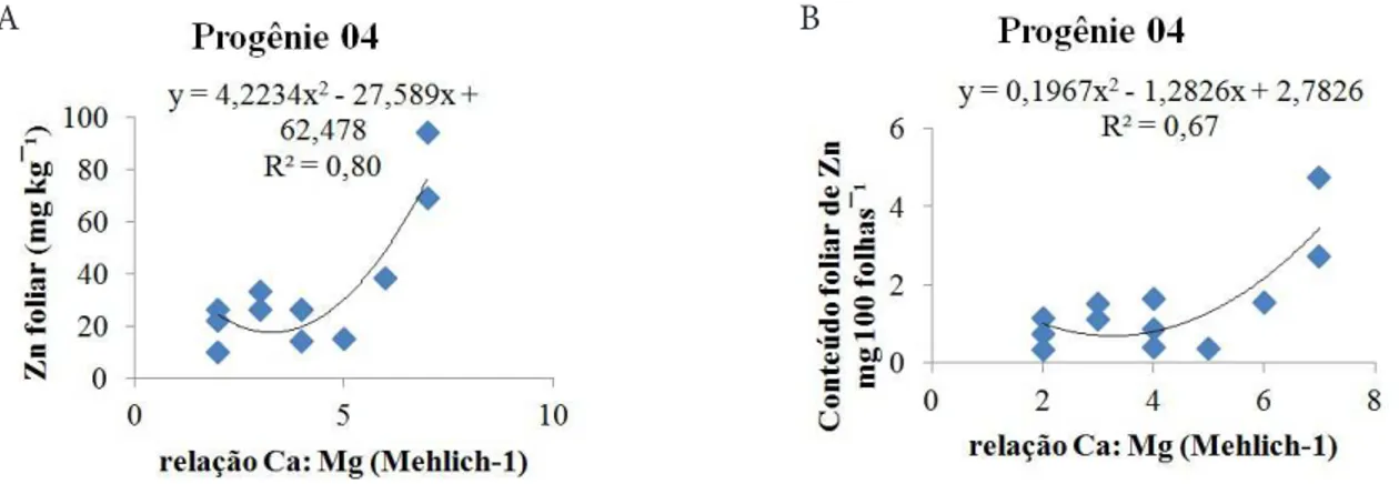 Figura 4 –  Variação do teor foliar e conteúdo foliar de Zn na progênie 04 procedente de Ivaí, em função da relação Ca:Mg no solo.